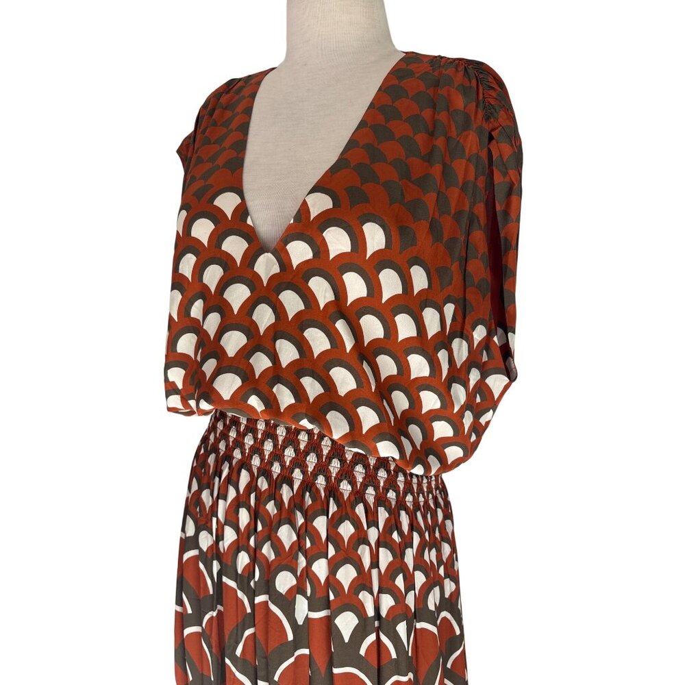 Ramy Brook Elie V-Neck Smocked Midi Dress in Amber Retro Large Womens Blouson - Picture 5 of 10